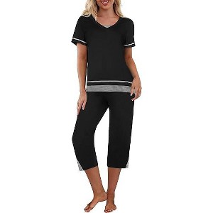 Ekouaer Capri Pajama Sets for Women Short Sleeve Tops Sleepwear Sleep Sets Pjs Sets Soft Two Piece Loungewear Sets Black XL - 1 of 2