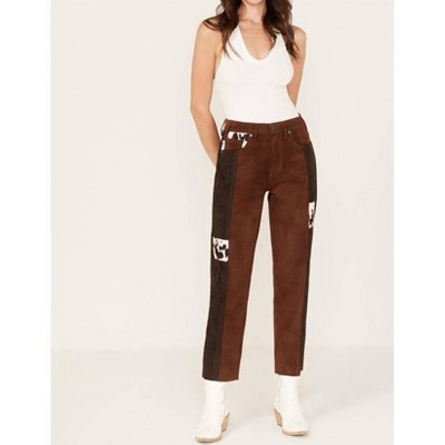 Women's High Rise Suede Patchwork Straight Cropped Jeans - Rock & Roll Denim