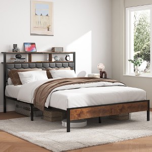 Gulches Queen Size Bed Frame With Headboard Brown Wooden Platform Upholstered Soft Side Vintage Shelf Large Under Bed Storage Noise Free No Box Spring - 1 of 4