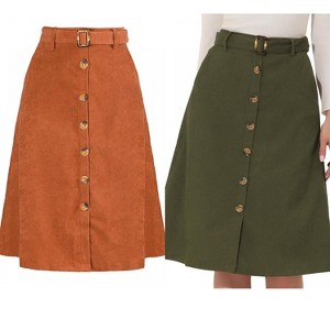 INSPIRE CHIC Women's High Waist Solid Button Front A-Line Belted Corduroy Midi Skirt 2 Packs - 1 of 4