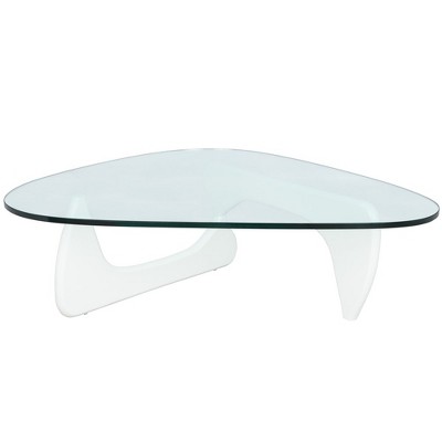 LeisureMod Imperial Collection Triangular Glass Top Coffee Table with Glossy Ash Wood Base for Home, Living Room, Office