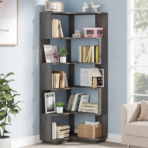 Resenkos Bookshelf, Bookcase Standing Shelf Unts,6-Tier Corner Bookshelf, 64.96" Corner Bookcase with Anti-Drop Panel,Dark Gray - 1 of 4