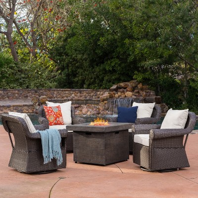 Christopher Knight Home Marquis Outdoor 5-piece Wicker Swivel Club Chair and Fire Pit Set with Cushions, Dark Brown/Beige