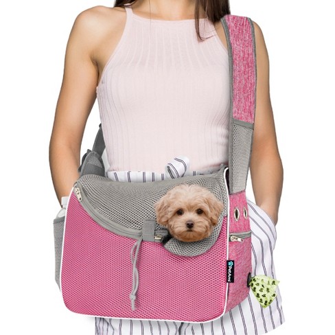 PetAmi Small Dog Sling Carrier Soft Crossbody Puppy Carrying Purse Adjustable Breathable Travel Pet Cat Pouch to Wear for Traveling Pink