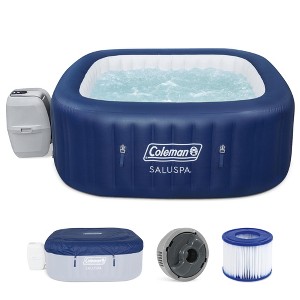 Coleman SaluSpa Atlantis AirJet 4 to 6 Person Inflatable Hot Tub Square Portable Outdoor Spa with 140 Soothing Jets with Cover, Blue - 1 of 4