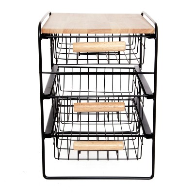 Origami Wood Top Steel Kitchen Organizer 3 Tier Basket Sliding Drawer, Black