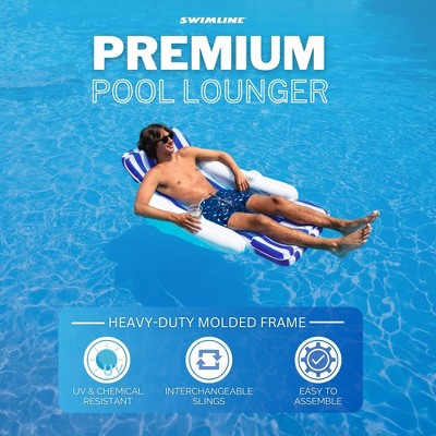 Blue and White Striped Padded Floating Pool Lounger with Cup Holders