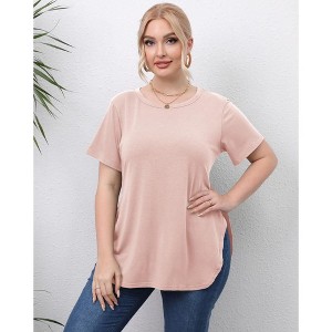 Women's Round Neck Split Hem Short Sleeve T-Shirt Casual Basic Stretchy Cotton Tee Summer Top - 1 of 4