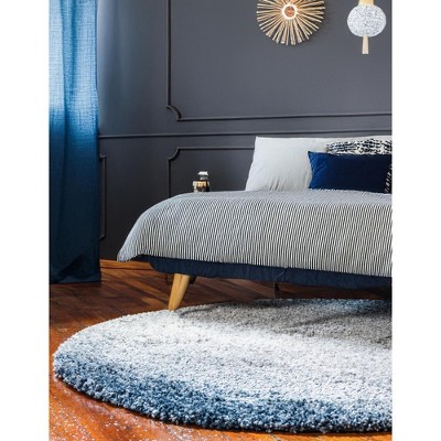 Luxurious Handmade Blue Geometric Shag Round Rug, 5' Diameter