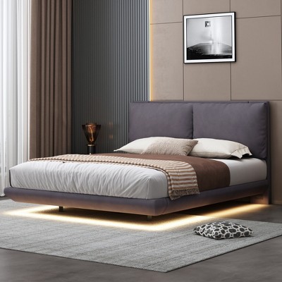 Queen/Full Size Upholstered Platform Bed with Sensor Light, USB Port, Socket and 2 Large Backrests-ModernLuxe