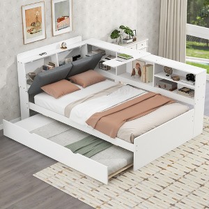 TIRAMISUBEST Wood Twin/Full Size Daybed with Trundle, Shelves and Storage Headboard, Modern Sofa Bed Frame with Rotatable Storage Board - 1 of 4
