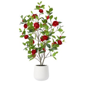 Artificial Camellia Tree with 9 inch White Planter, Tall Fake Camellia Trees with Flowers - 1 of 4