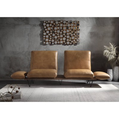 Nutmeg Top Grain Leather Round Arm Sofa with Solid Wood Base