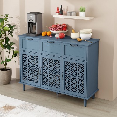Okak Antique Bedroom Dressers 3 Door 3 Drawer Cabinet with Cutout Pattern Solid Wood Legs, Wooden Chest of Drawers for Bedroom/Entryway/Study, Blue