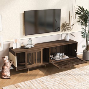 Mid-Century Modern Cat TV Stand for 75 Inch TV,Walnut Media Console with Cat Scratcher,Sliding Glass Door & Cat House for Living Room-Baofuwish - 1 of 4