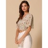 INSPIRE CHIC Women's Floral Flare Short Sleeve V Neck Summer Smocked Crop Tops - 2 of 4