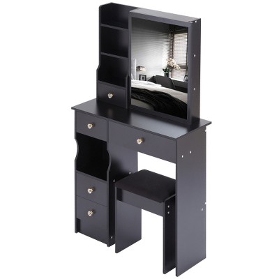 29.2" Small Space Left Drawer Desktop Vanity Table + Cushioned Stool, Extra Large Right sliding mirror, Multi Layer High Capacity Storage