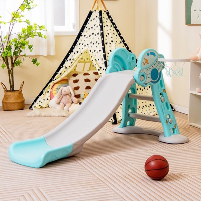 Blue HDPE 3-in-1 Kids Slide with Basketball Hoop