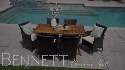 Beige and Multibrown Acacia Wood and Wicker 6 Person Outdoor Dining Set