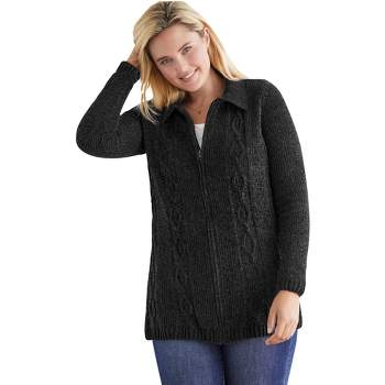 Woman Within Women's Plus Size Chenille Zip Cable Cardigan