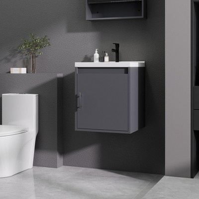 KTMBDW Floating Bathroom Vanity with Sink, Single Sink Wall Mounted Bathroom Vanity, White Ceramic Basin Top for Small Space