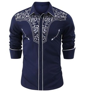Men's Casual Western Embroidered Cowboy Shirts Button Up Long Sleeve Shirt Floral Design Retro Shirt - 1 of 4