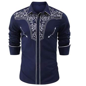 Men's Casual Western Embroidered Cowboy Shirts Button Up Long Sleeve Shirt Floral Design Retro Shirt