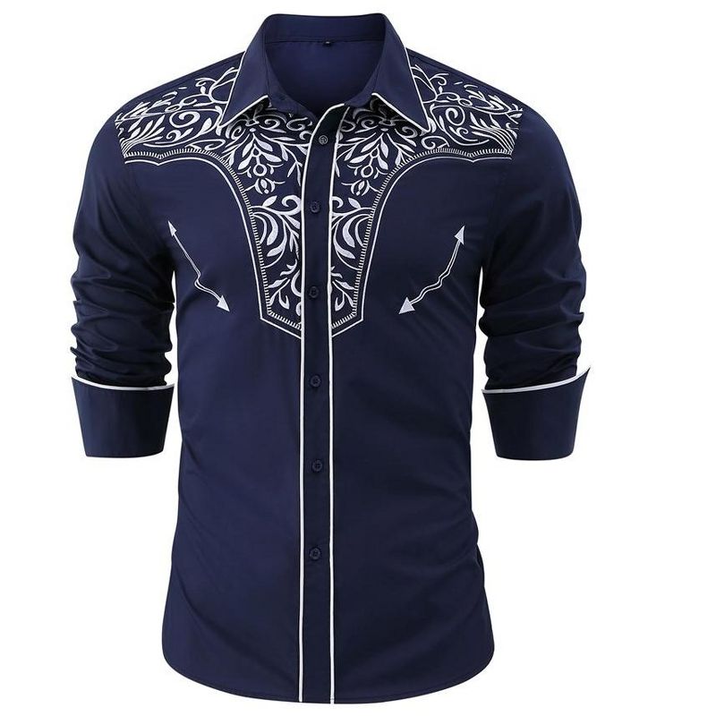 Men's Casual Western Embroidered Cowboy Shirts Button Up Long Sleeve Shirt Floral Design Retro Shirt, 1 of 7