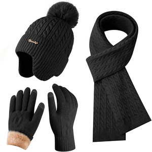 ZUPPAD Winter Hat Scarf Gloves Set for Women, Classic Cable Beanie with Removable Pom Pom Long Scarf Touchscreen Gloves 3 in 1 Set - 1 of 4