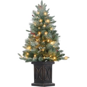 4.5 Foot Artificial Christmas Tree with 200 Warm White LED Lights and Red Berries Potted Base Holiday - 1 of 4