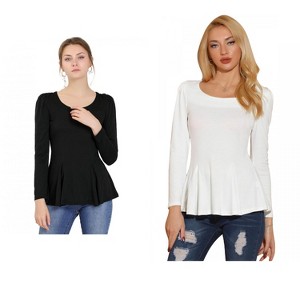 Allegra K Women's Long Sleeve Scoop Neck Casual Peplum Shirt 2 Packs - 1 of 4