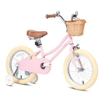 Petimini 18 Inch Steel Frame Child Bicycle with Wicket Basket, Handlebar Bell, Training Wheels, Adjustable Seat, and Parent Handle, Ages 5 to 9, Pink