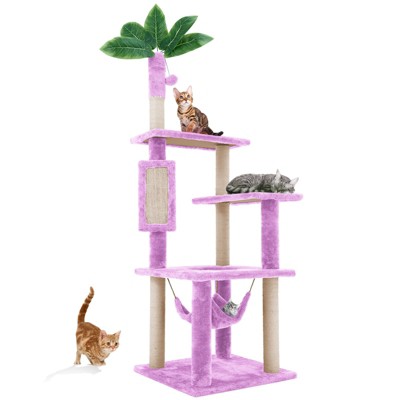 Modern Multicoloured 600 GSM Soft Plush Cat Tree Pet Tower with Sisal Post and Hanging Ball, Fake Real Leaves