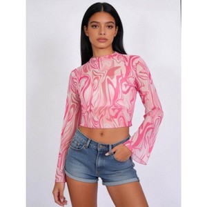 Cherie Code Women's Pink Marble Print Long Sleeve Crop Top – Slim