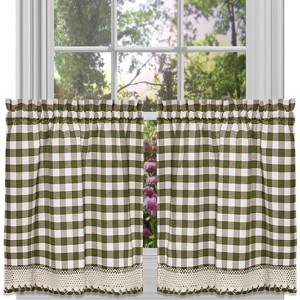 Kate Aurora 2 Piece Country Farmhouse Buffalo Plaid Rod Pocket Cafe Tier Curtain Panels With Macrame Border - 1 of 4