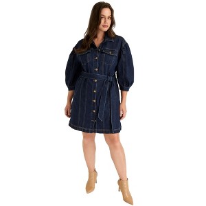 June + Vie by Roaman's Women's Plus Size Denim Shirtdress - 1 of 4