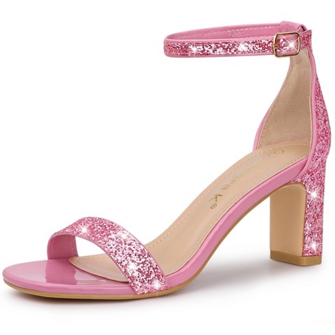 Allegra K Women's Glitter Ankle Strap Chunky Heels Pink 7.5