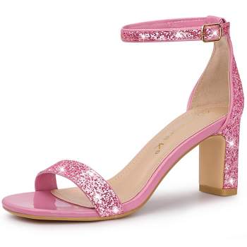 Allegra K Women's Glitter Square Toe Ankle Buckle Strap Chunky Heels Sandals