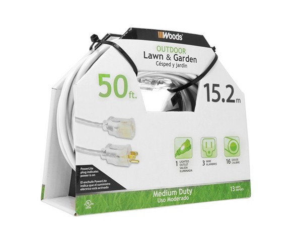 50ft Extension Cord with Lit End White - Woods
