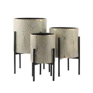 LuxenHome Set of 3 Gray and Gold Metal Cachepot Planters with Black Stand - 1 of 4