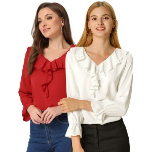INSPIRE CHIC Women's Office Work Ruffle V Neck Long Sleeve Chiffon Peasant Blouse 2 Packs - 1 of 4