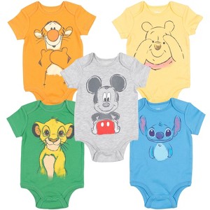 Disney Mickey Mouse Lion King Winnie the Pooh Pixar Toy Story Finding Nemo Baby 5 Pack Bodysuits Newborn to Infant - 1 of 4