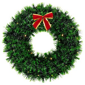 Northlight 17-Inch Pre-Lit Green Tinsel Artificial Christmas Wreath with Bow - Clear LED Lights - 1 of 4
