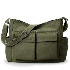 Canvas Tote Messenger Bag with Pockets, Large Crossbody Bags for Women or Men, Casual Canvas Shoulder Bag for College Work Travel Daily, Army Green - 1 of 4