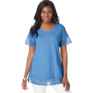 Jessica London Women's Plus Size Stretch Cotton Crochet Trim Tunic - 1 of 4