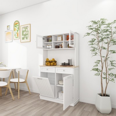 67.7" Tall Kitchen Trash Can Storage Cabinet with 3 Adjustable Shelves, 2 Drawers and 1 Tilt Out Trash Cabinet for Kitchen, Dinning Room, Living Room