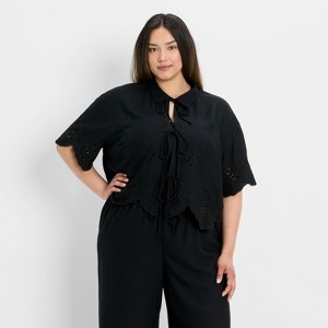 Women's Short Sleeve Embroidered Tie-Front Blouse - Future Collective - 1 of 3