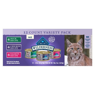 Blue Buffalo Wilderness High Protein, Natural Adult Pate Wet Cat Food Variety Pack with Chicken, Salmon, Duck Flavor - 3oz/12ct