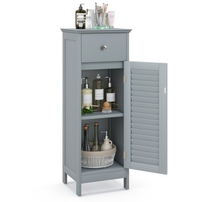 Tangkula Freestanding Bathroom Floor Storage Cabinet Wooden Storage Organizer Cupboard Shelf Grey