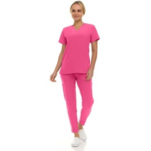 Saint Scrubs Womens 9-Pocket Medical Uniform Set- V-Neck Stretch Top with Tapered Straight Leg Pants - 1 of 4